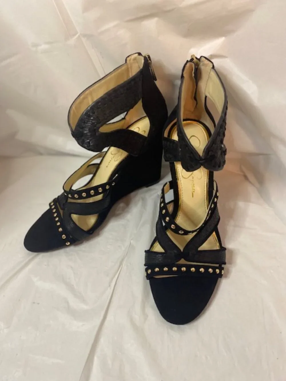 Jessica Simpson Black Zenolia Studded Strappy Wedge Sandals - Size 8M